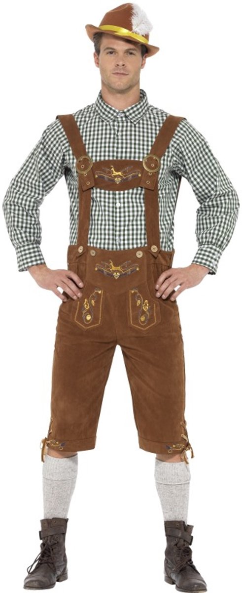 Luxe traditoneel Oktoberfest kostuum met Lederhosen en geruite blouse | Herenmaat L (54/56)